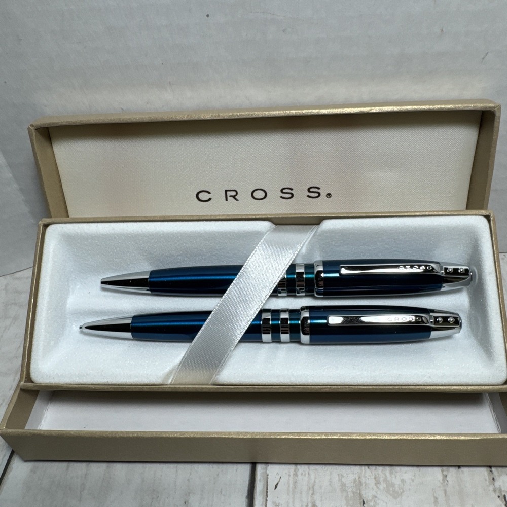 Cross Ball Point Pen &  Pencil Set Blue & Silver  With Gift Box